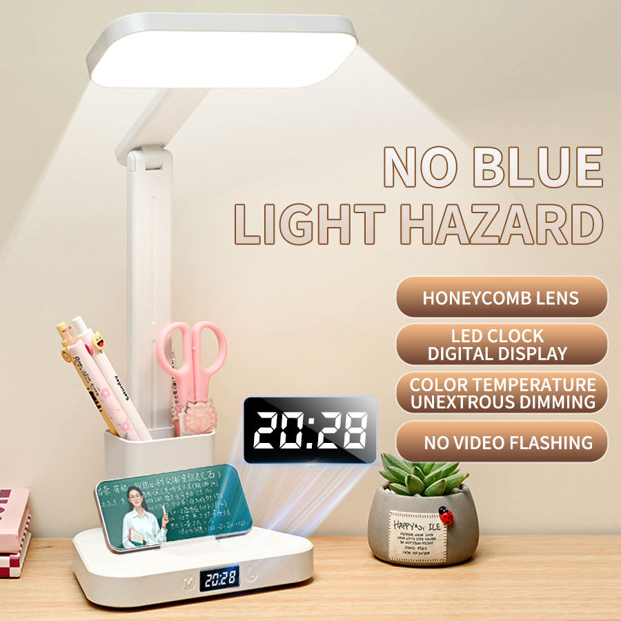 Modern Rechargeable LED Desk Lamp with Pen Holder | Mihuanwang Model 777 (Clock) | Eye-Protecting Re